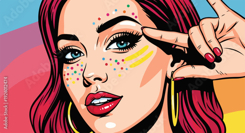 Woman with red hair and makeup applying gesture to face in pop art style with colorful background