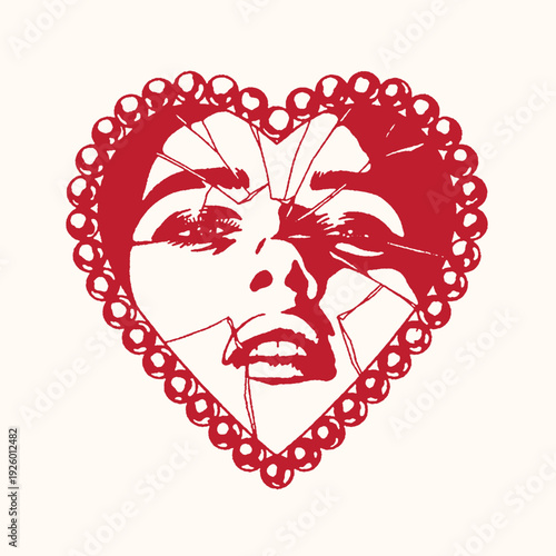 Close-up of a woman's face fragmented within a heart shape adorned with pearls, symbolizing heartbreak, shattered love, and emotional pain.
