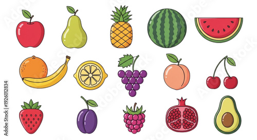 Fruit Icon Set – Colorful Fresh Healthy Food Flat Vector Collection