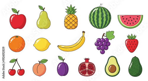 Fruit Icon Set – Colorful Fresh Healthy Food Flat Vector Collection