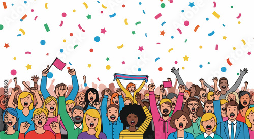 Diverse crowd celebrating with confetti joyful people cheering and waving flags in festive atmosphere
