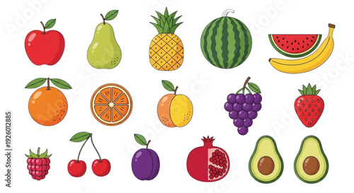 Fruit Icon Set – Colorful Fresh Healthy Food Flat Vector Collection