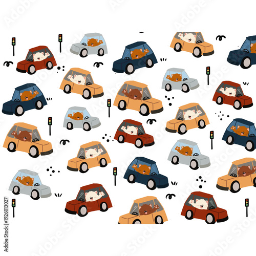 Seamless pattern with funny cartoon animal characters like a cute bear, lion, and cat driving cars in a vector illustration set for baby kids design