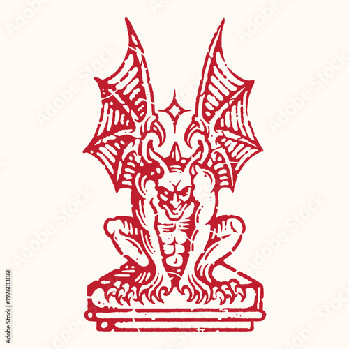 A red gargoyle with large wings perched on a pedestal, a mythical creature symbolizing protection, strength, and guardianship in a vintage style.