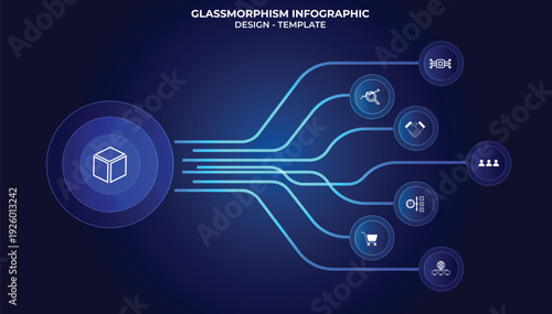 Futuristic infographic with eight spherical buttons in a translucent glassmorphism effect, AI technology options. Icons, user, AI chip, security, network, and scalability. Neon Blue. Fintech. Tech