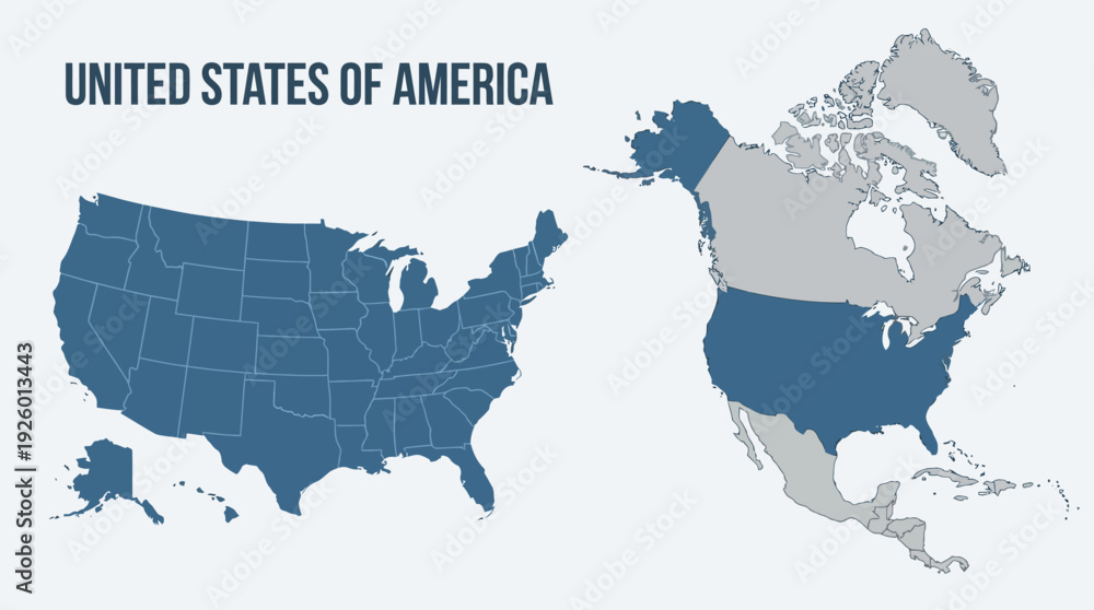 Obraz premium United States of America Map Collection: Detailed US States and North American Political Geography