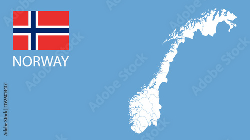 Norway Flag and Map with Country Name on Blue Background - National Symbol and Geographic Outline