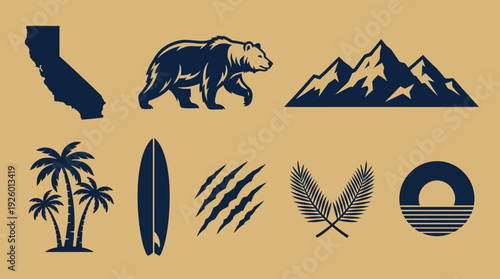Canvas Print California Nature & Culture Icons: State Map, Bear, Mountains, Surf, Palm Trees,