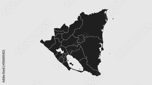Nicaragua Map with Administrative Divisions. Detailed Black Silhouette Outline of Central American Country, Departments, and Major Lakes.