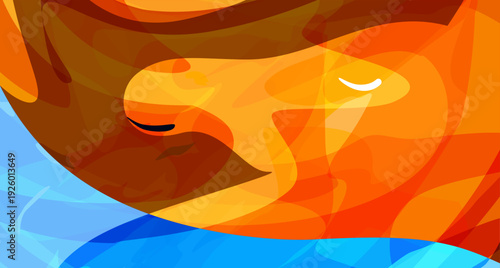 Abstract Horse Silhouette with Warm Amber Glow and Translucent Blue Fluid Waves