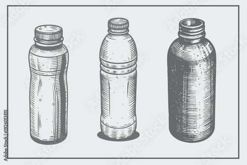 Vintage Plastic Water bottle in engraving style vector illustration. Retro hand sketch of drink bottle on white background.