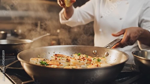 Chef preparing shrimp scampi in a commercial kitchen