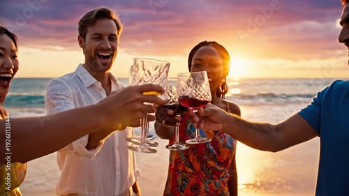 Friends toasting at sunset beach party with wine