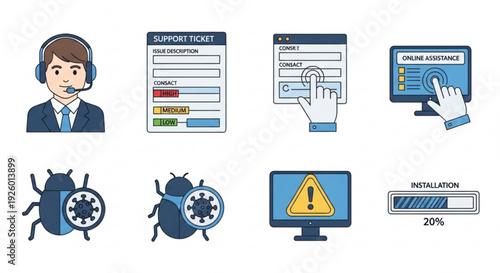 It support and bug fixing concept with technician support ticket bugs and error warning signs on computers