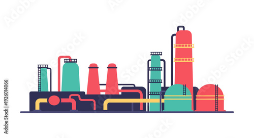 Factory illustration, vector style graphic, industrial plant, manufacturing, production, energy, industry.