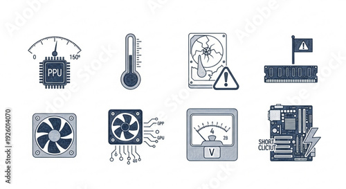 Computer hardware components and thermal management icons including cpu fans and temperature gauge for server and electronics cooling solutions