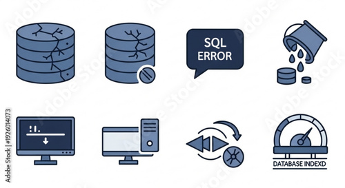 Database error icons set with sql problems cracked disks computer screens and loading symbols on white background