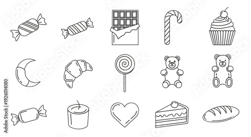 Candy and Sweets Line Icon Set – Confectionery, Bakery and Dessert Outline Vector Collection