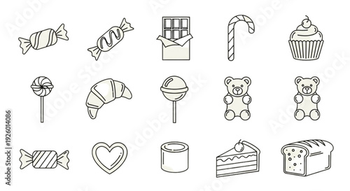 Candy and Sweets Line Icon Set – Confectionery, Bakery and Dessert Outline Vector Collection