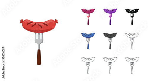 Sausage on Fork Icon Set – Grilled Hot Dog Flat and Outline Vector Collection