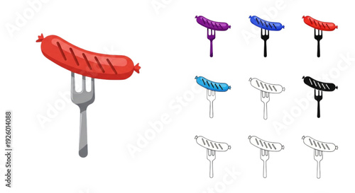 Sausage on Fork Icon Set – Grilled Hot Dog Flat and Outline Vector Collection