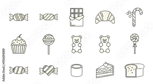 Candy and Sweets Line Icon Set – Confectionery, Bakery and Dessert Outline Vector Collection