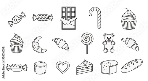 Candy and Sweets Line Icon Set – Confectionery, Bakery and Dessert Outline Vector Collection