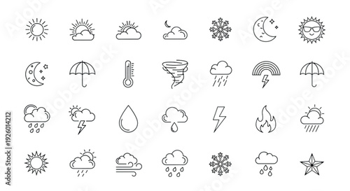 Weather Line Icon Set – Climate, Rain, Sun and Storm Outline Vector Collection