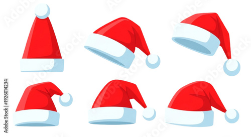 Santa Claus Hat Icon Set – Red Christmas Holiday Flat Vector Collection