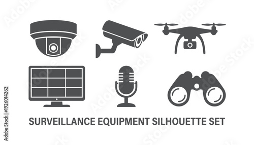 Surveillance equipment silhouette vector set with CCTV camera and security monitoring devices