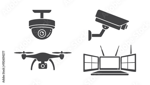Surveillance equipment silhouette vector set with CCTV camera and security monitoring devices