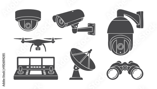 Surveillance equipment silhouette vector set with CCTV camera and security monitoring devices