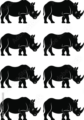 Rhinoceros silhouette collection featuring black rhino side view poses isolated on white background, detailed wild safari animal illustration set for design projects