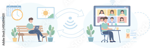 Digital nomad working in the park and joining a video conference. Vector illustration of flexible remote work, online meeting, and mobile office lifestyle with wireless connection concept