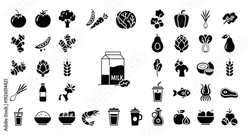 Healthy Food Icon Set – Fruits, Vegetables, Seafood and Beverage Solid Vector Collection