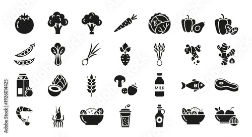 Healthy Food Icon Set – Fruits, Vegetables, Seafood and Beverage Solid Vector Collection