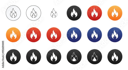 Fire Flame Icon Set – Round Heat and Energy Symbol Buttons in Flat and Gradient Styles