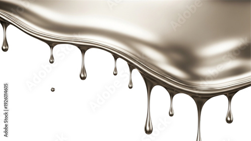 Metallic liquid dripping, flowing and forming drops with a shiny reflective surface