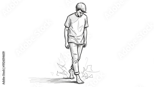 Young Man Walking Downcast Through Symbolic Shattered Ground, Reflecting Inner Conflict and Personal Struggle