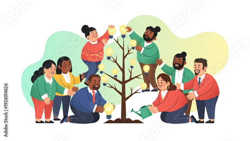 Diverse team collaboratively cultivating innovative ideas and fostering creative growth for business success and brighter future