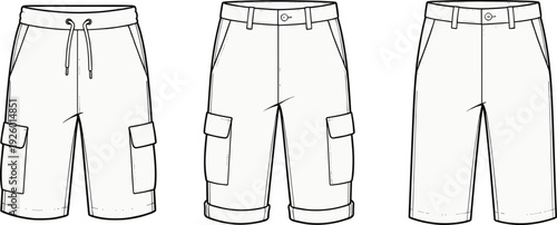 Fashion Technical Sketch Set of Men's Cargo and Chino Shorts Featuring Pockets Waistband and Button Details for Apparel Design Flat Template Vector Illustration
