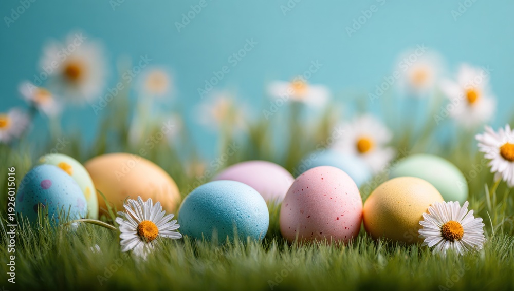 Fototapeta premium Colorful Easter eggs nestled in green grass, surrounded by daisies, creating a cheerful springtime scene.
