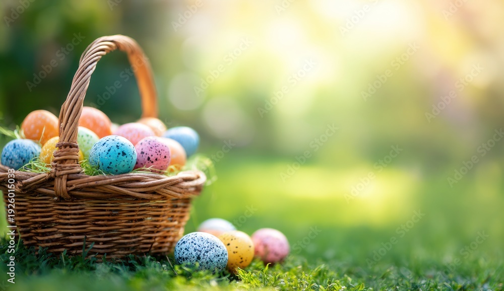 Fototapeta premium A charming wicker basket filled with colorful Easter eggs resting on green grass, capturing the essence of springtime festivities.