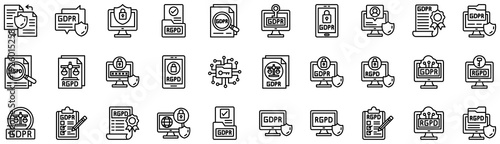 GDPR RGPD icons collection. Vector illustration. Data Transfer, GDPR, Data Security, Document, User Protection, Certification. Pro Vector	
