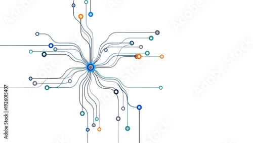 Abstract Neural Network with Connected Nodes and Flowing Lines on White Background