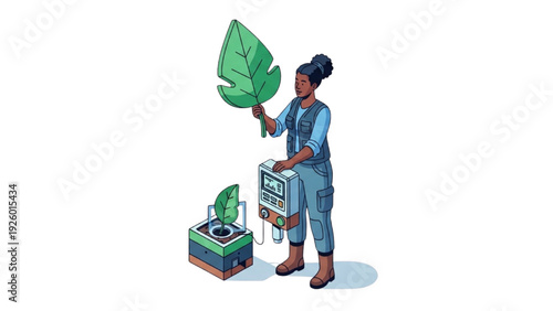 Woman tending to plants with advanced technology in a futuristic garden