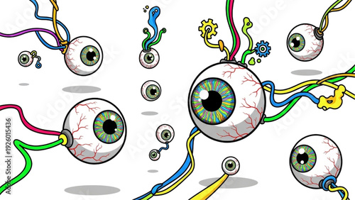 Whimsical Eyeballs with Colorful Wires and Gears, a Quirky Sci-Fi Illustration