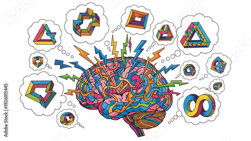Vibrant illustration of a dynamic brain sparking complex ideas and impossible concepts in thought bubbles