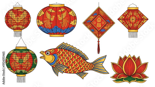 Vibrant collection of traditional Asian lanterns, symbolic fish, and elegant lotus flower illustrations for cultural celebrations