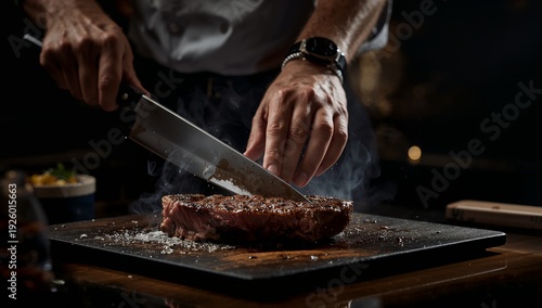 Chef Slicing Grilled Steak in High End Steakhouse Kitchen